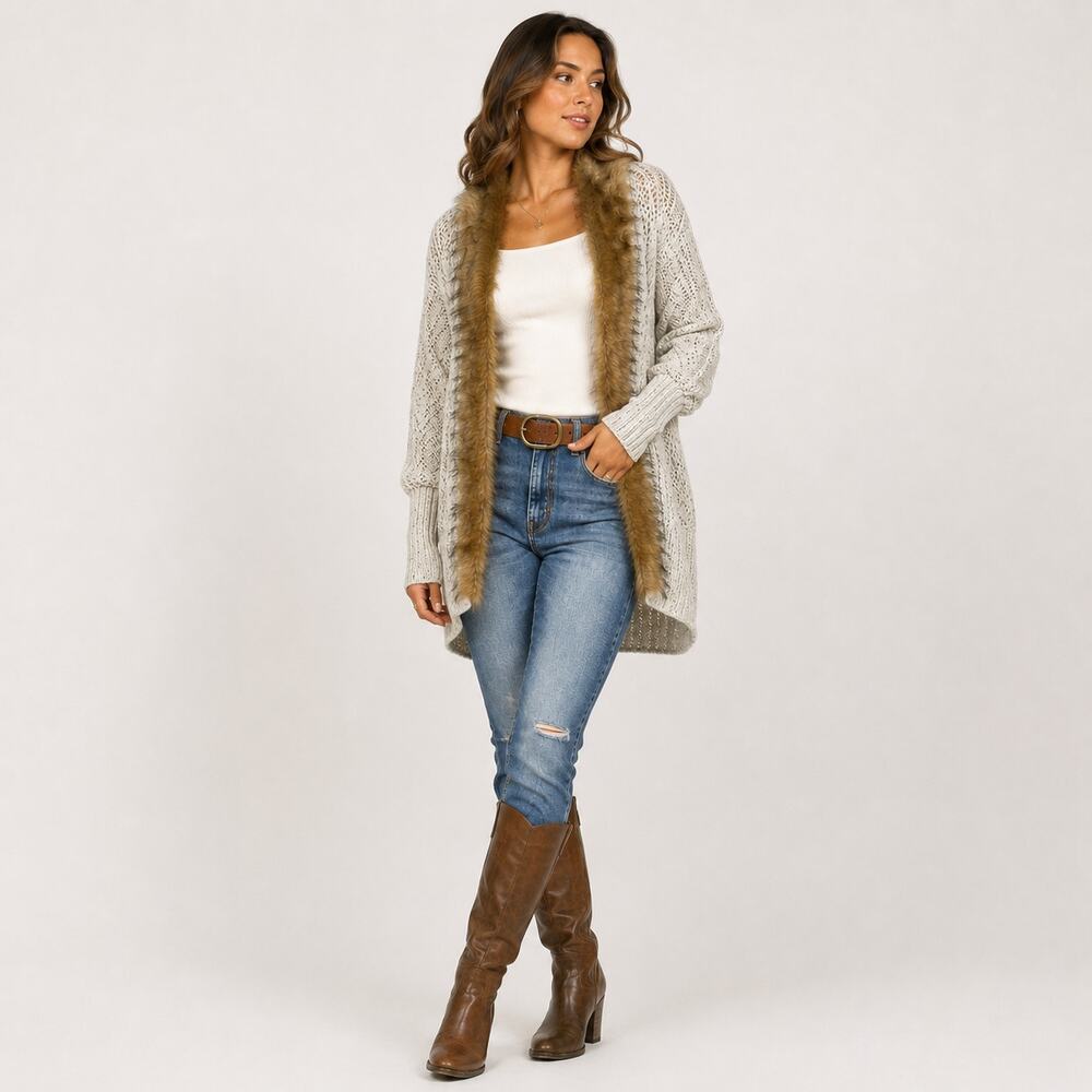 Military Hippie Felicity Faux Fur Cable Knit Batwing Open Cardigan OS White